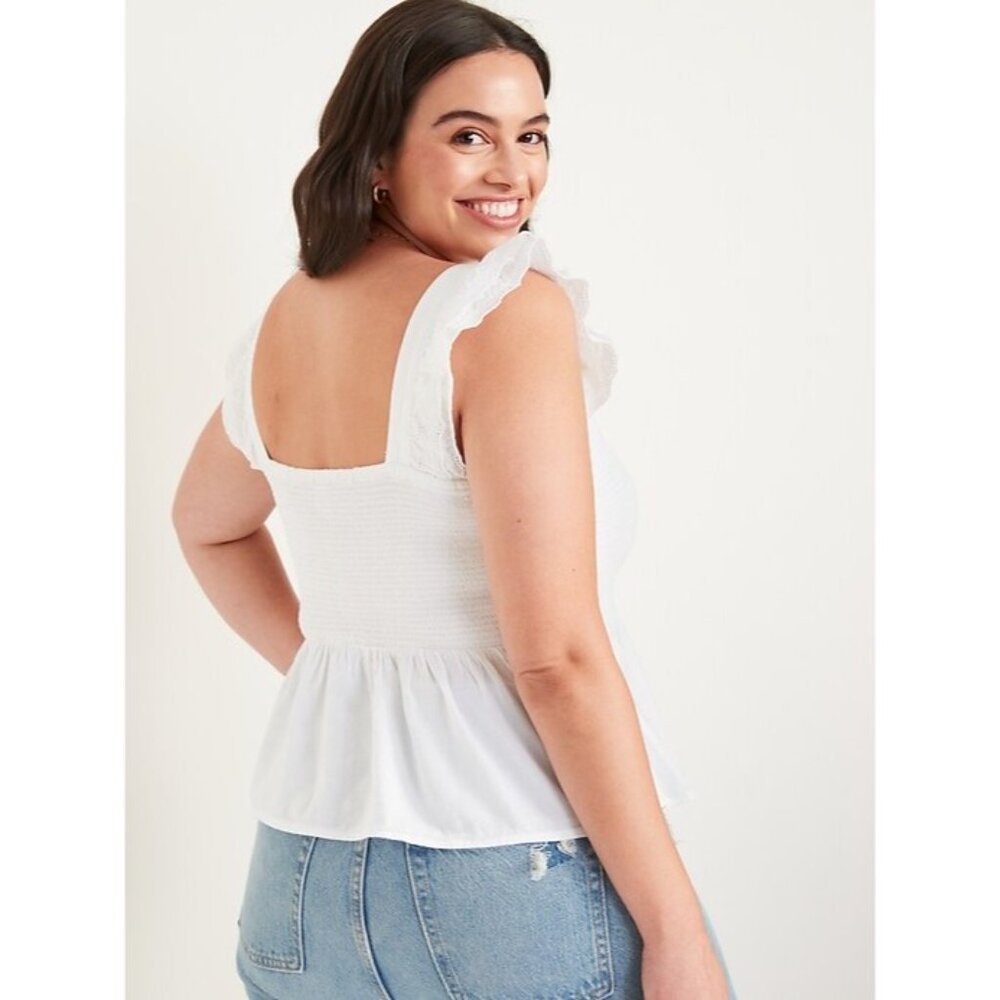 Old Navy White Ruffled Smocked Cottagcore Croquette Sleeveless Cotton Blend Top - Picture 5 of 13